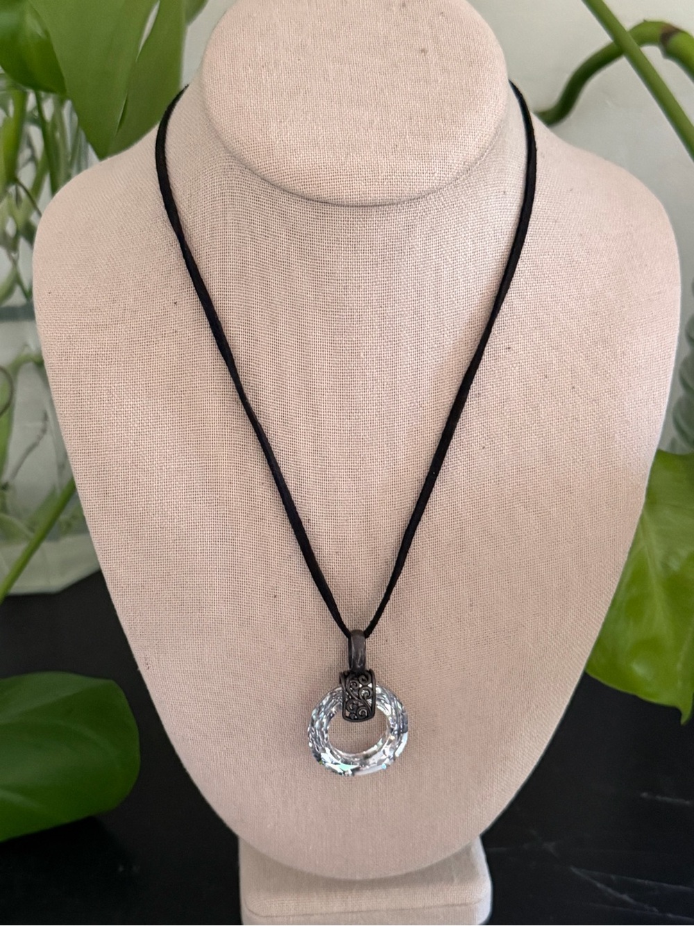Vintage 90’s Y2K Silver Crystal Lucite Ring Pendant Black Cord